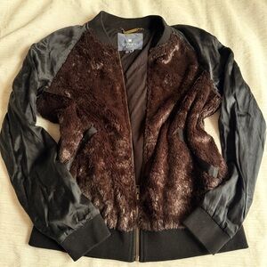Gryphon Dark Brown Faux-Fur Bomber with Black Sleeves